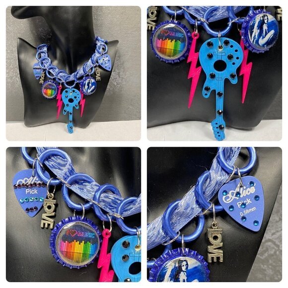 Hand Embellished Necklace Wooden Guitar, Charm, Guitar Pick Rhinestone Music - Picture 1 of 8